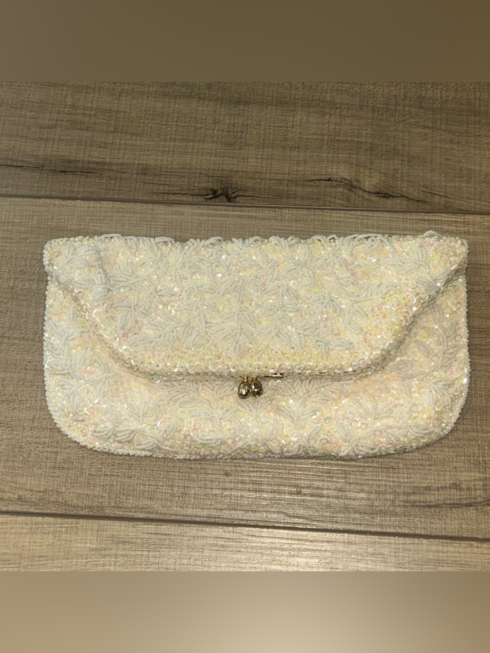 Handmade Sequence Ivory Beaded Fold Over Mini Clutch Regency Boudoir Vintage